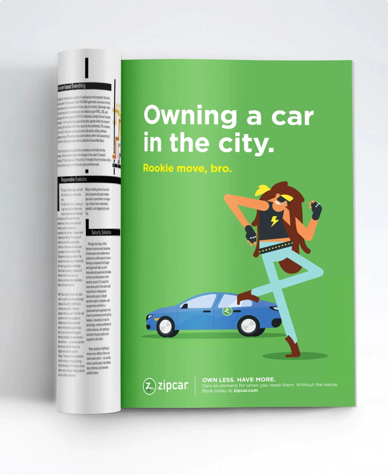 Magazine print ad for Zipcar showing an animated character playing air guitar.