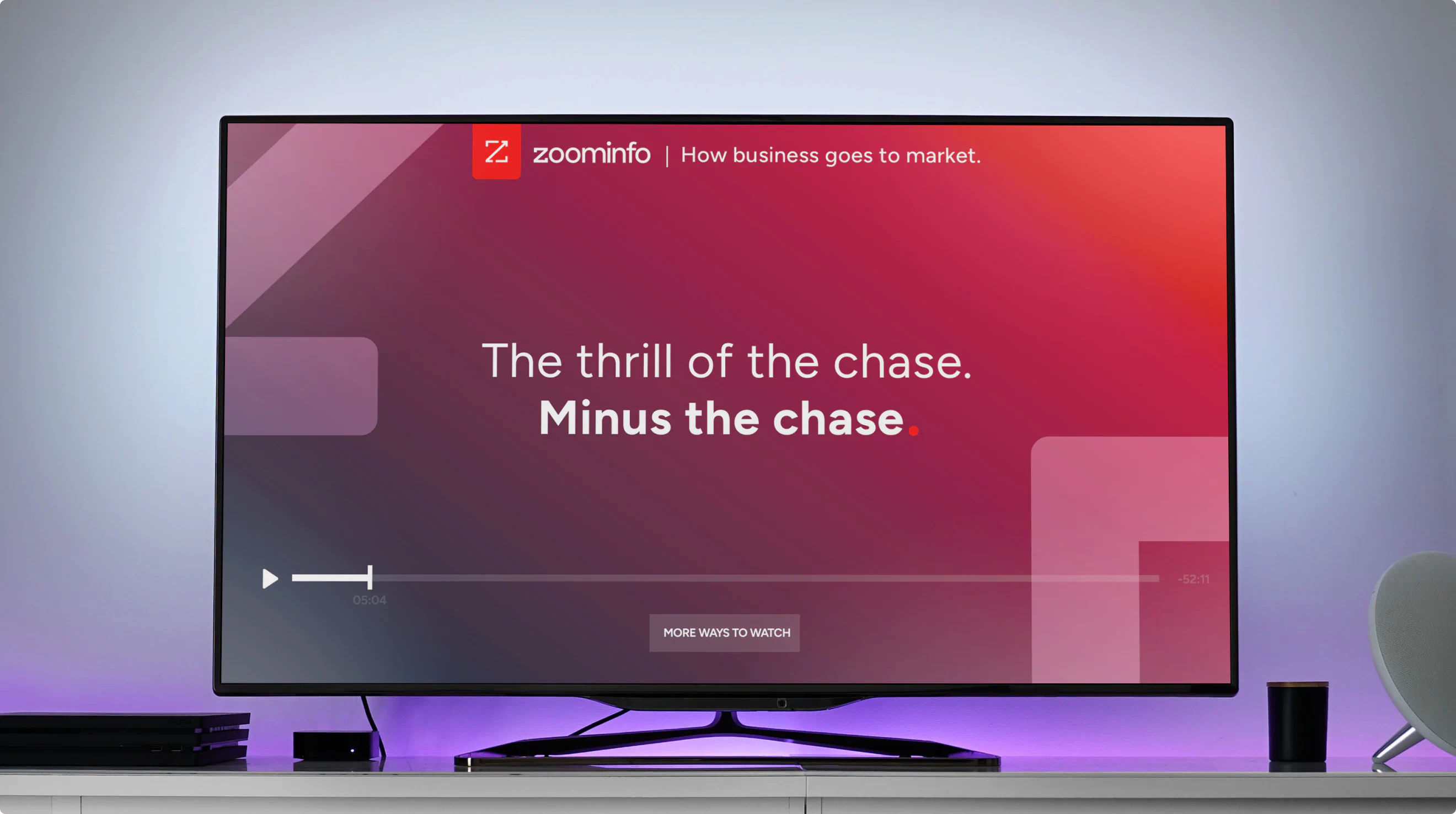 Sleek and well designed Hulu integration for Zoominfo as a part of the "How business goes to market" B2B campaign created by Colossus. The headline reads: "The thrill of the chase. Minus the chase."