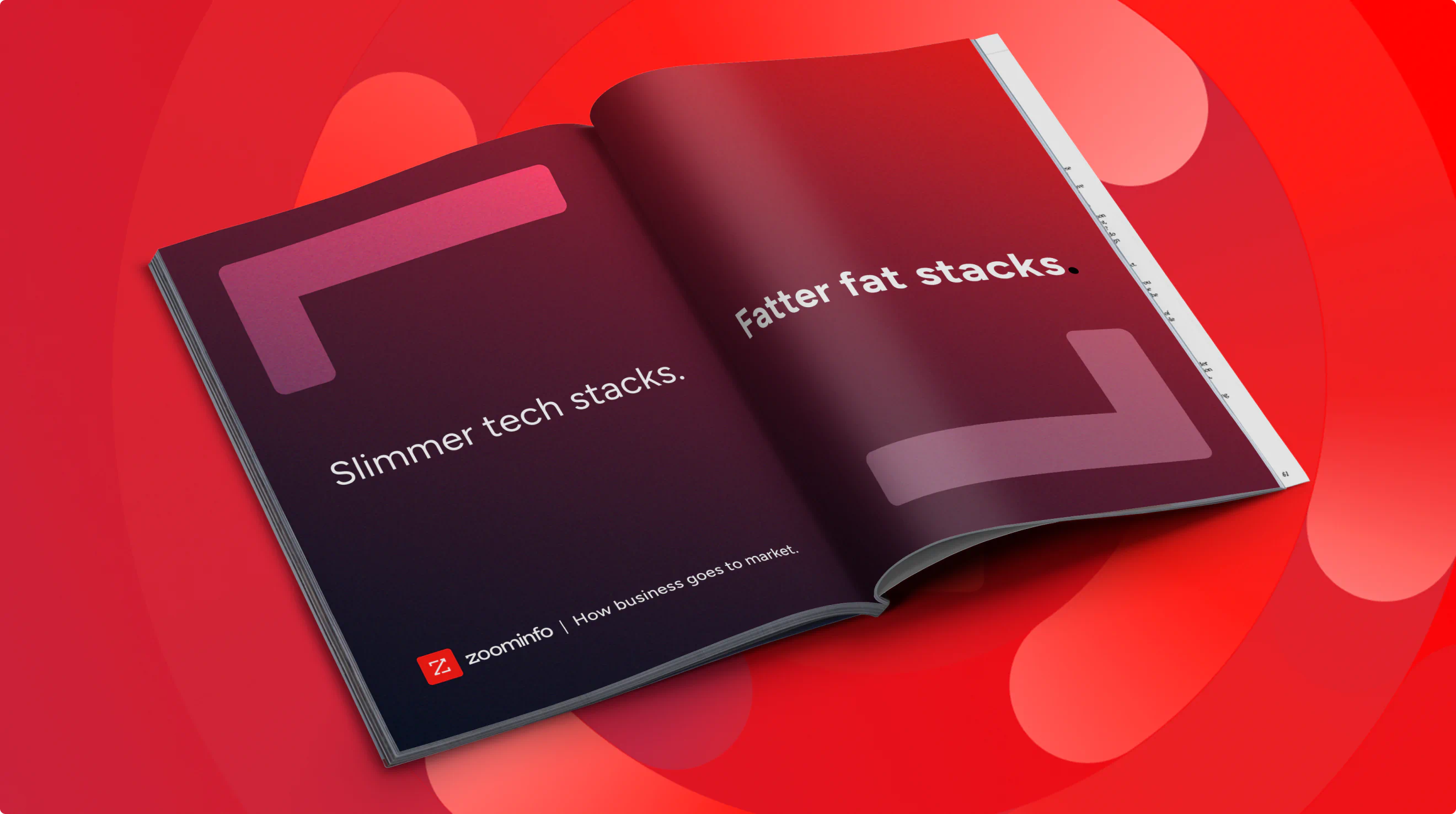 Sleek and well designed print ad for Zoominfo as a part of the "How business goes to market" B2B ad campaign created by Colossus. The headline reads: "Slimmer tech stacks. Fatter fat stacks."