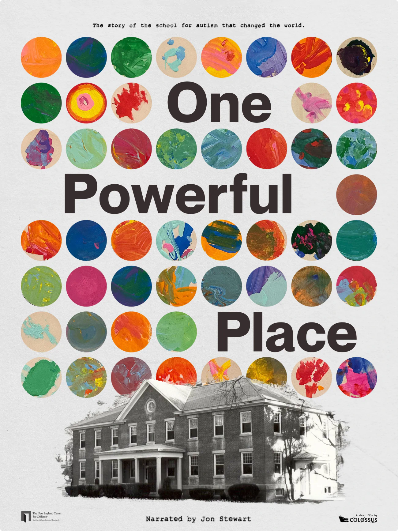 A movie poster for the film "One Powerful Place" featuring 50 colorful painted circles and a black and white image of a historical NECC building.