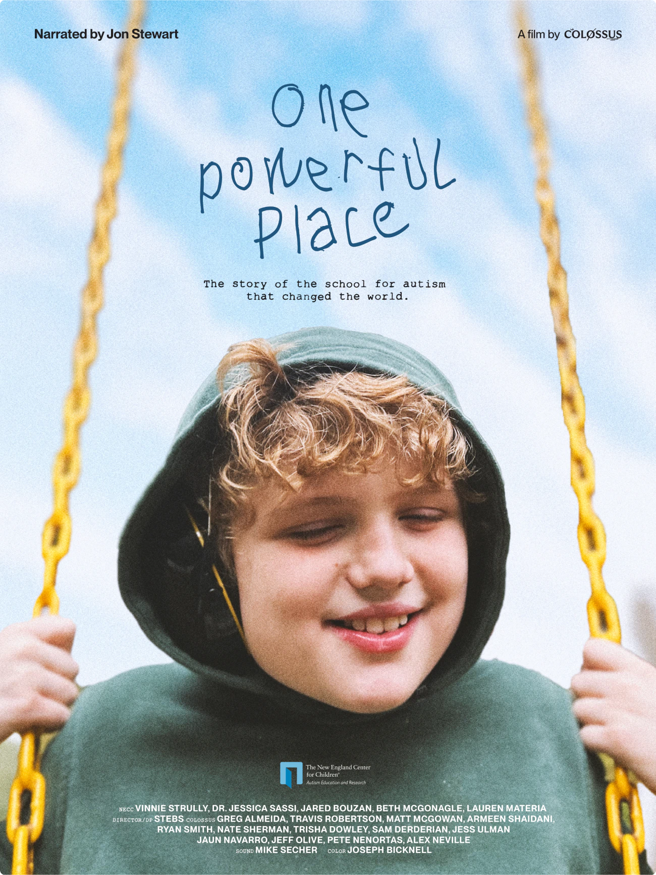 A movie poster for the film "One Powerful Place" featuring a boy on a swing smiling against a blue sky background.