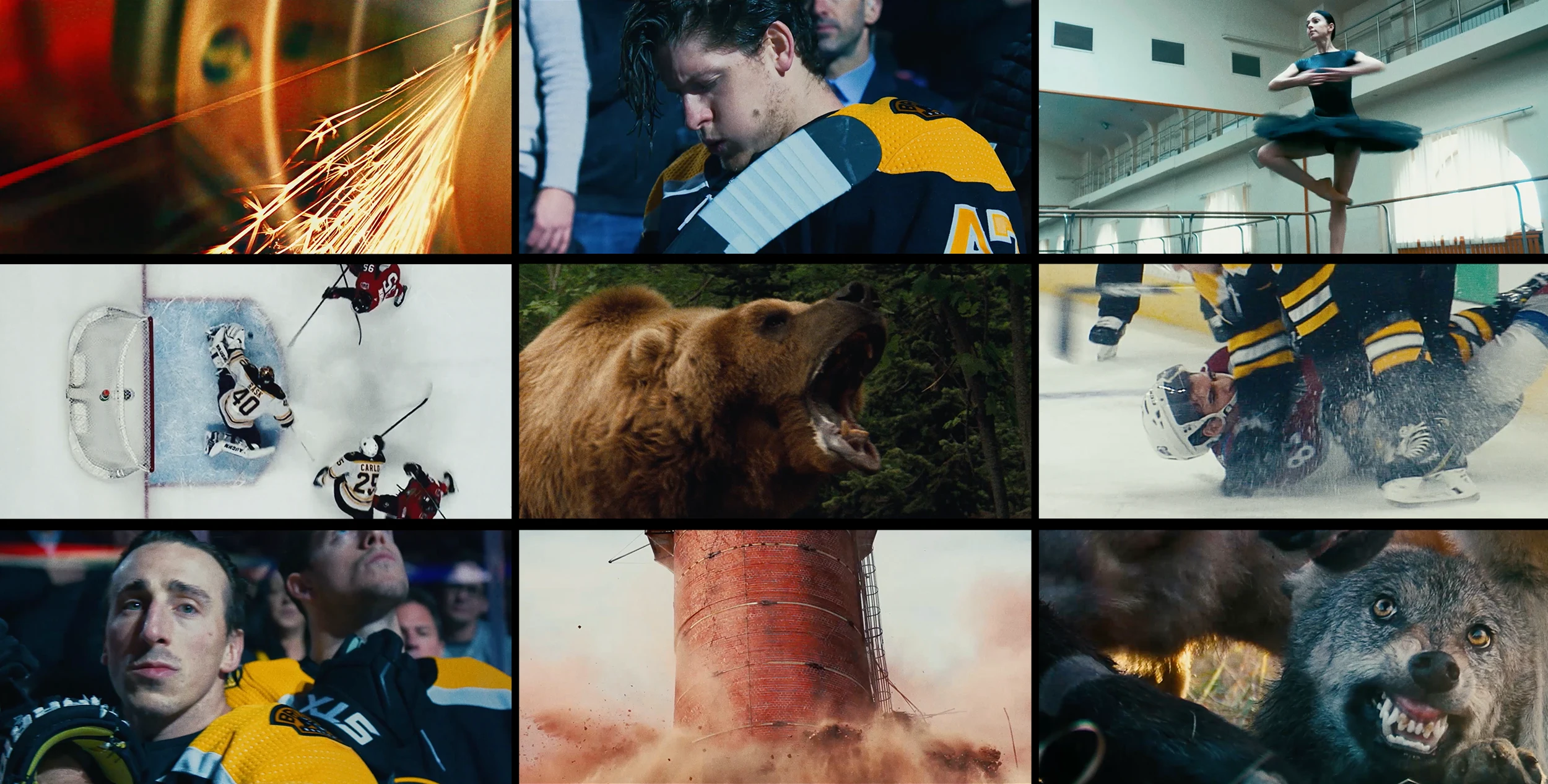 Gritty images from the Bruins "Machine" commercial featuring Brad Marchand, grizzly bears, wolves and total destruction.