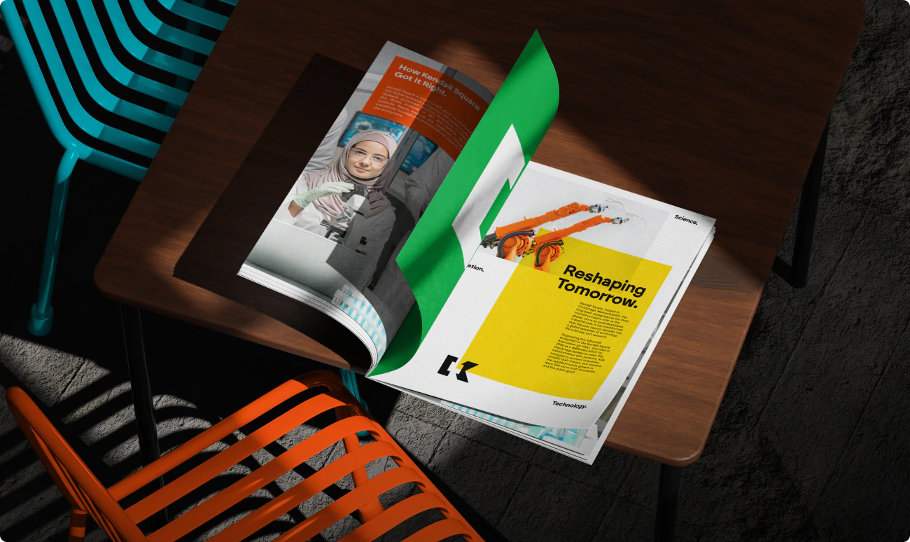 Annual report design showing tech, lab and pharma companies at work.