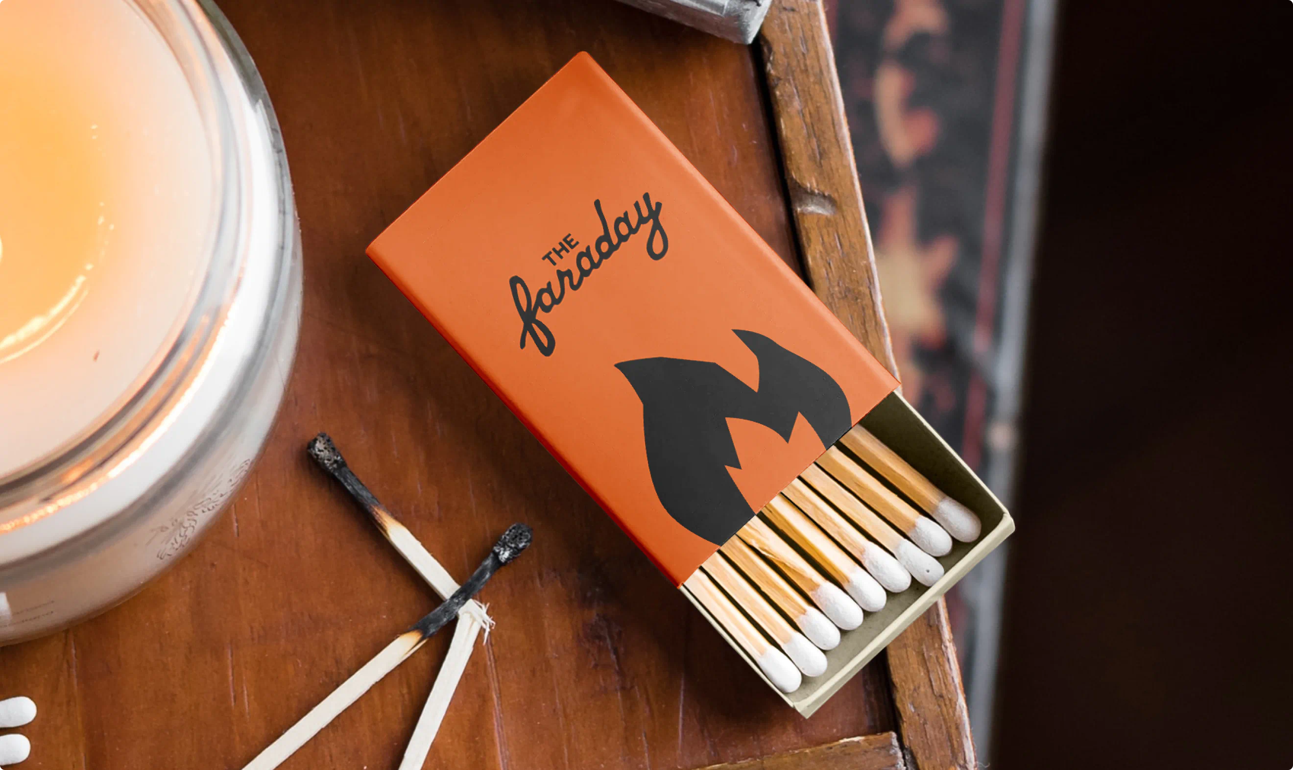 A custom branded matchbox for The Faraday. A part of the commercial real estate brand identity for a new development apartment building.