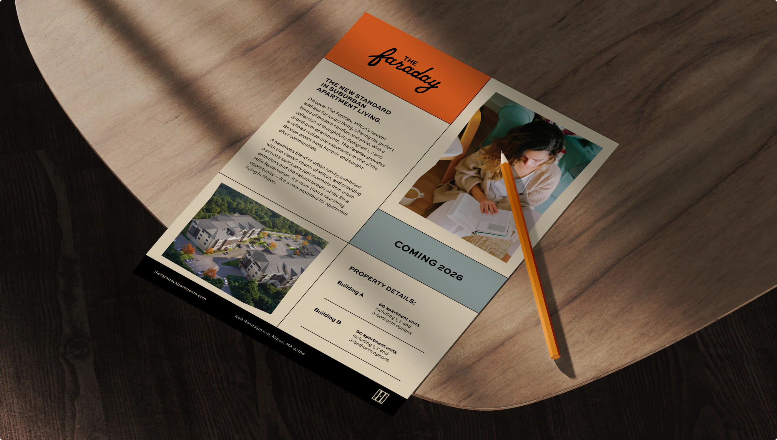 Lease sheet design for The Faraday. A part of the commercial real estate brand identity for a new development apartment building.