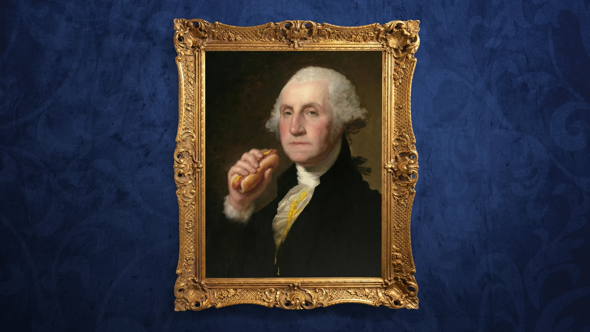 A painting of George Washington holding a hot dog. credit: Gilbert Stuart.