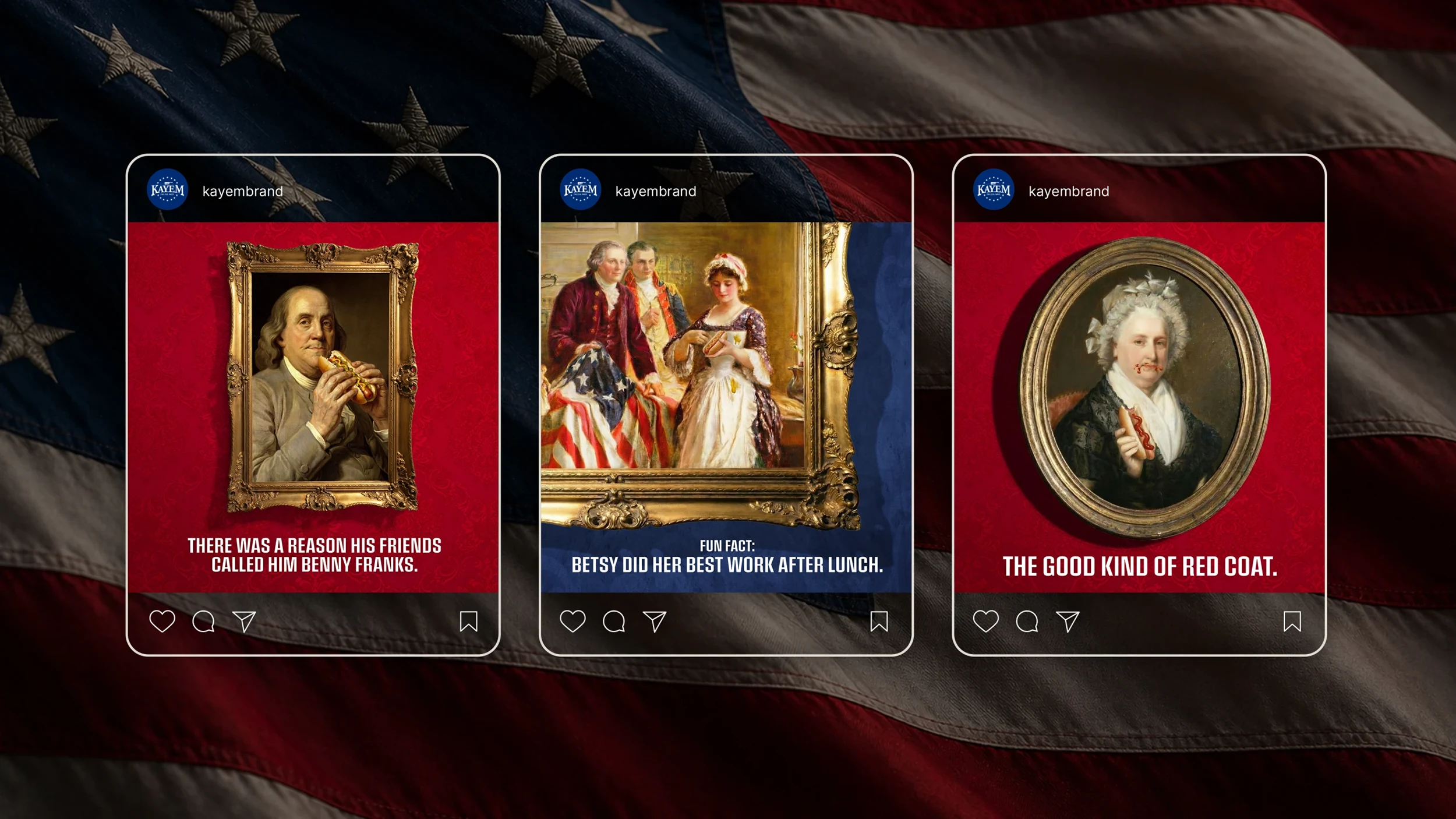 A trio of paid social images for Kayem Foods featuring famous American artworks and hotdogs. 