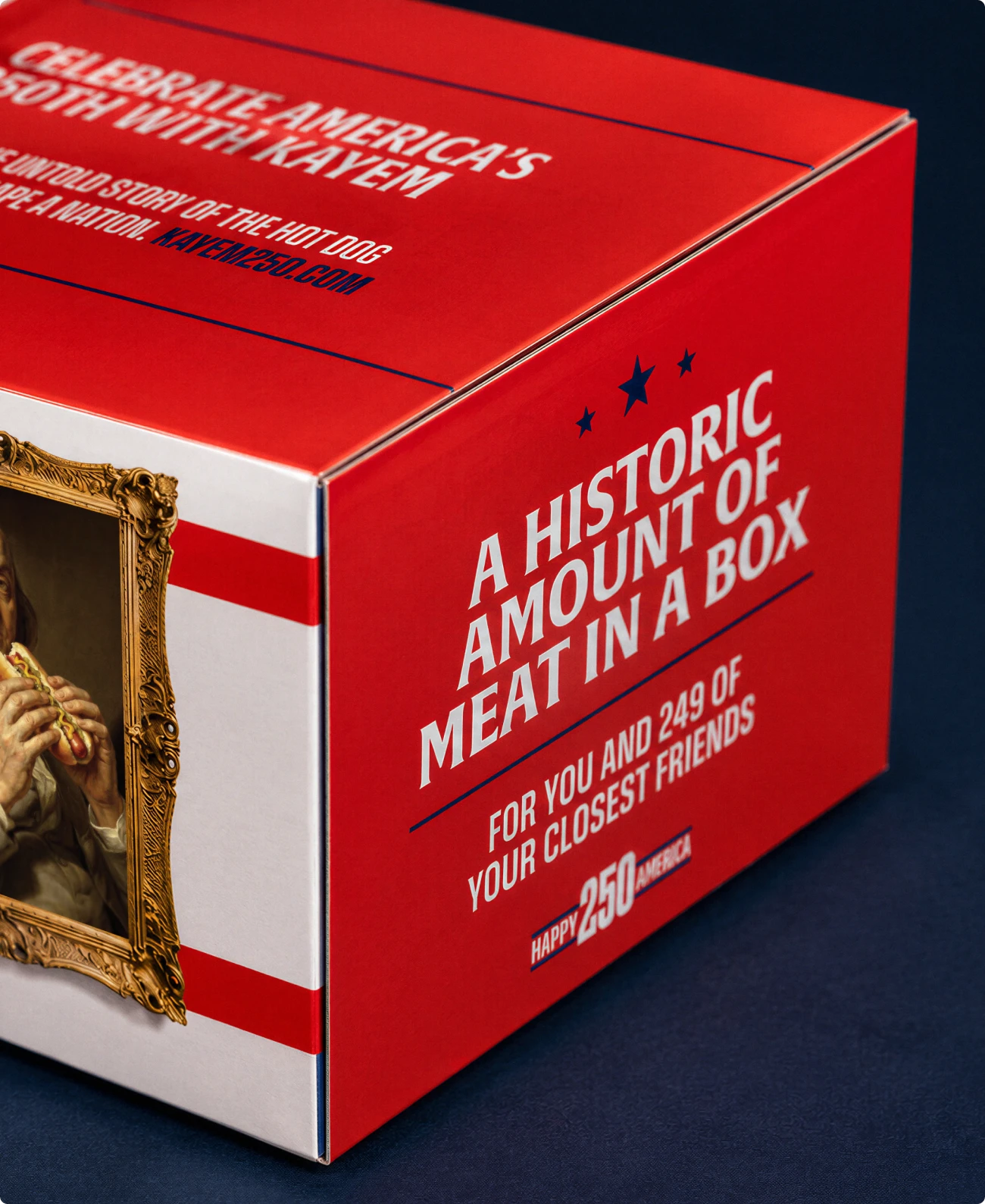 Custom packaging design for a 250 pack of Kayem hot dogs.