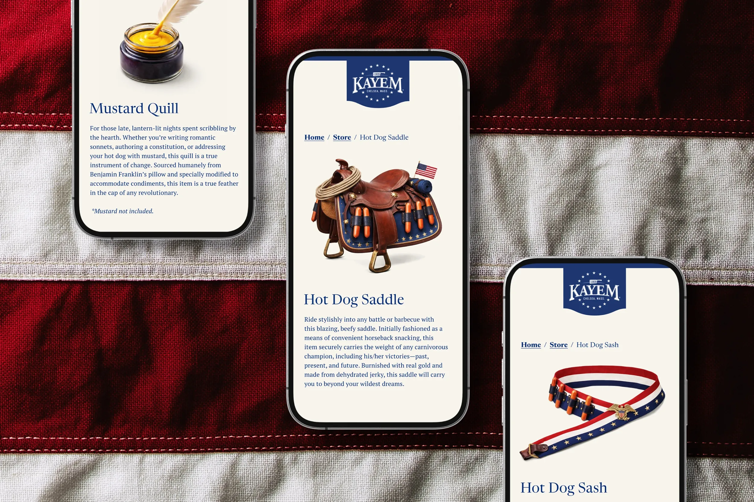 A selection of colonial products displayed in mobile format. A part of Kayem's "Declaration Dogs Collection."