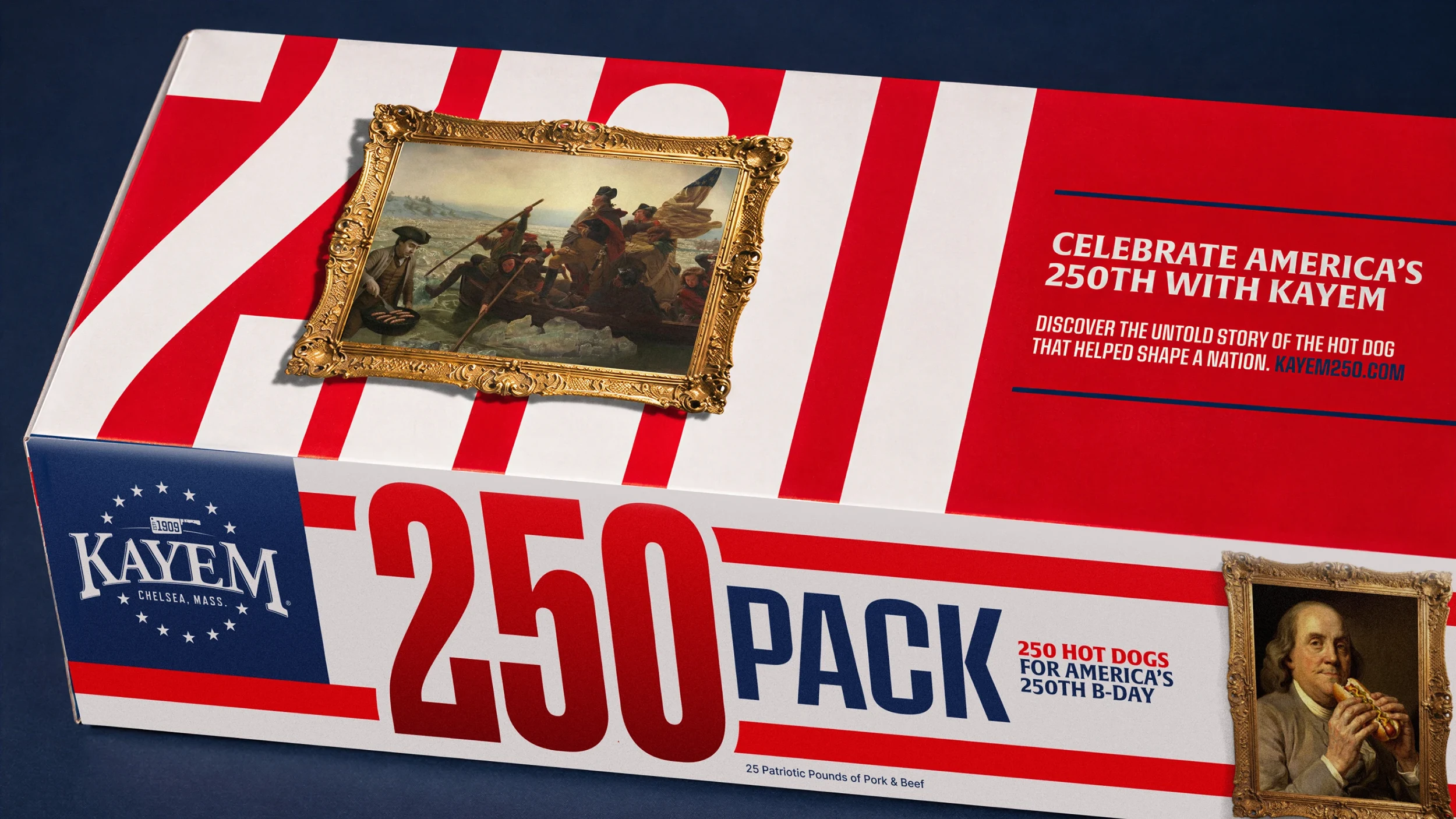 Custom packaging design for a 250 pack of Kayem hot dogs.