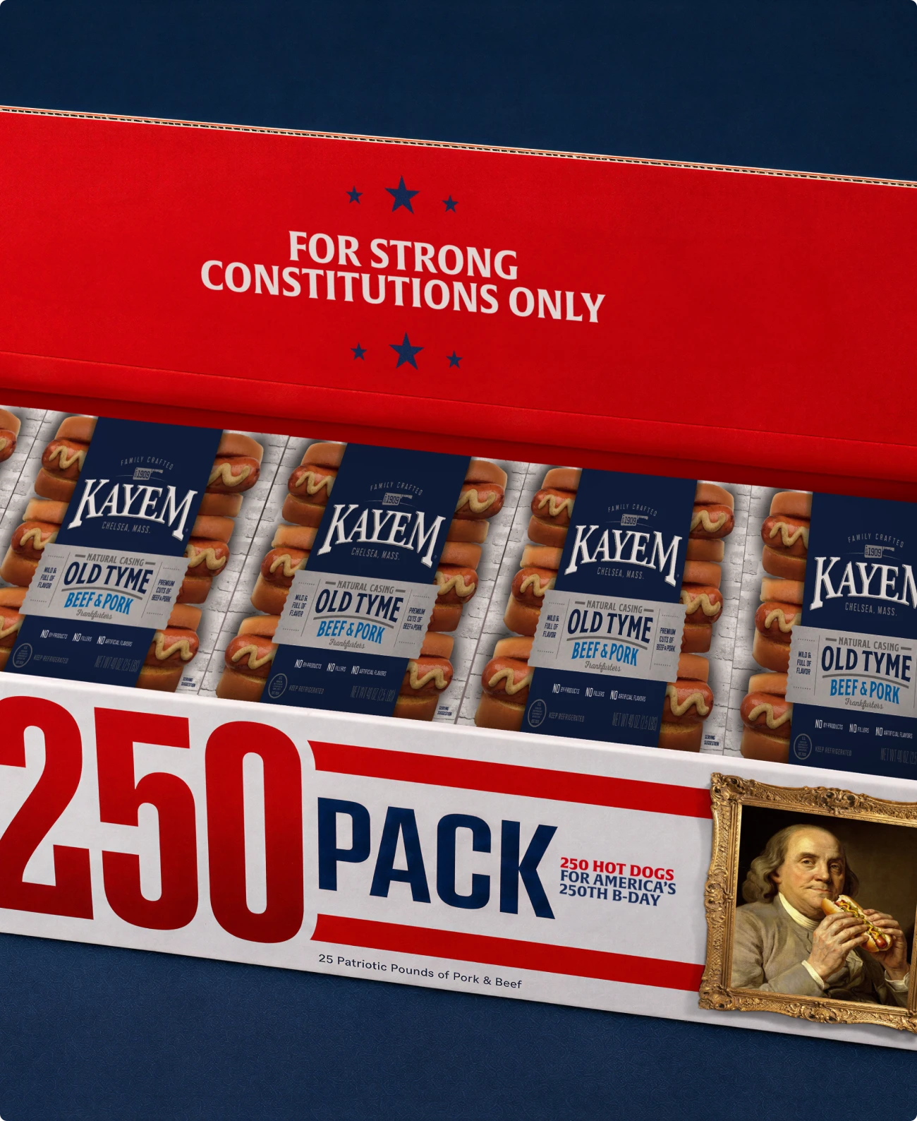 Custom packaging design for a 250 pack of Kayem hot dogs.