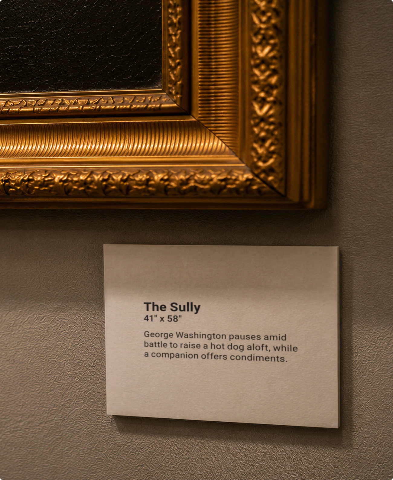 A descriptive museum placard for Kayem's American Hot Dog art.