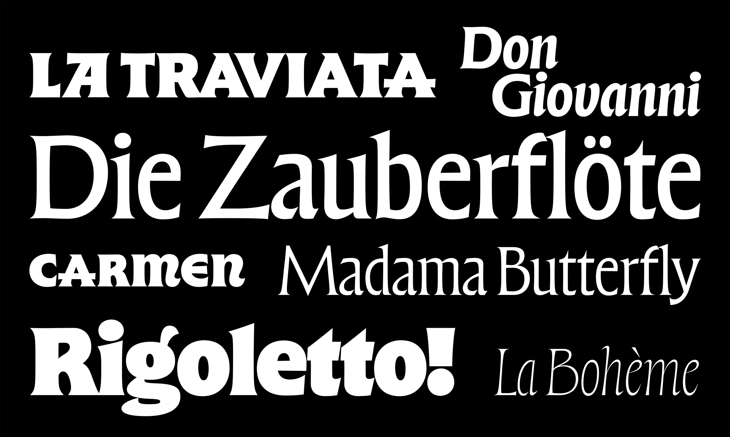 Type specimen for Forevs from OH no Type. Part of the brand identity for Boston Lyric Opera.
