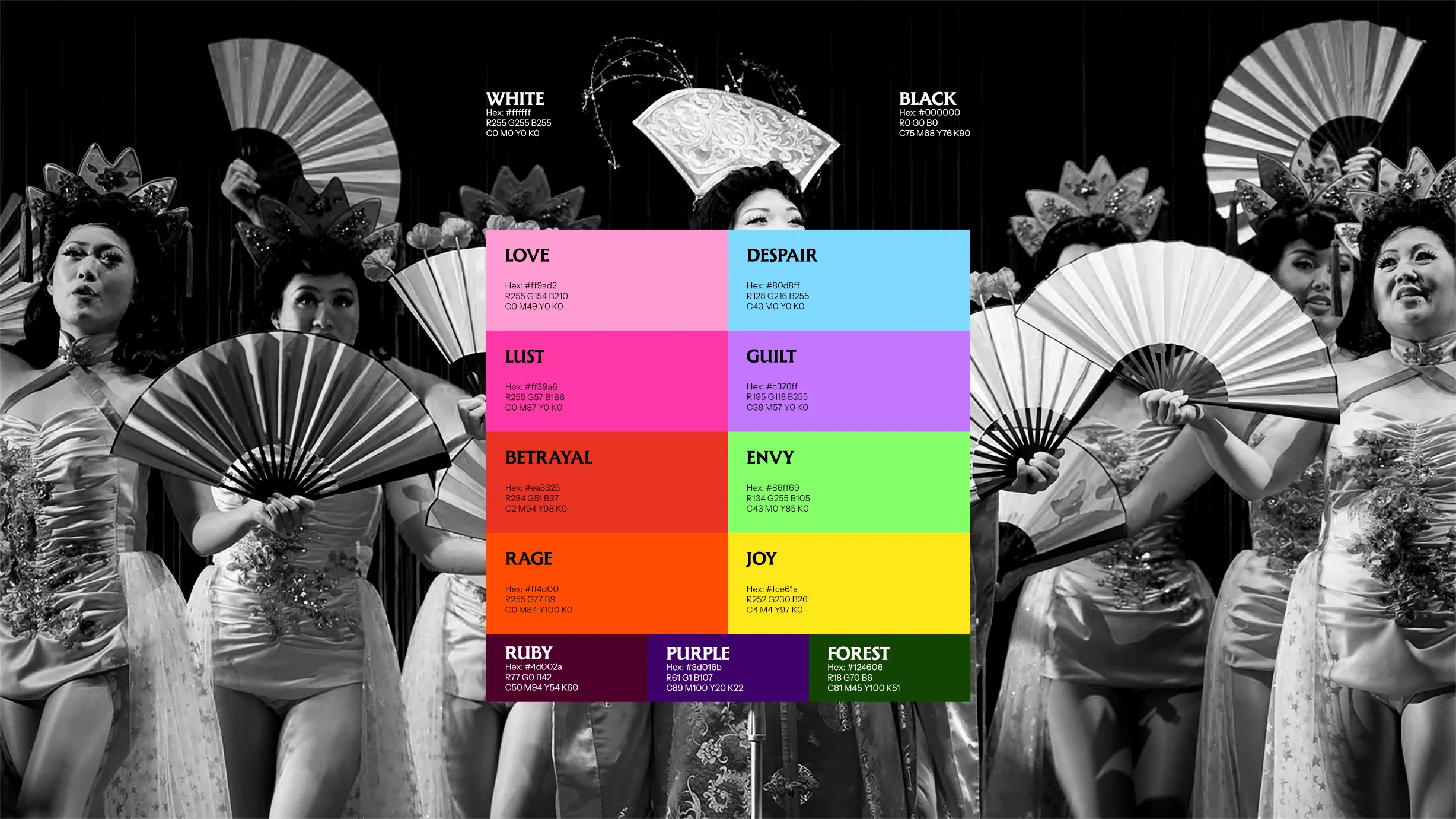 Brand identity color palette showcasing colors derived from emotional themes like rage and lust.