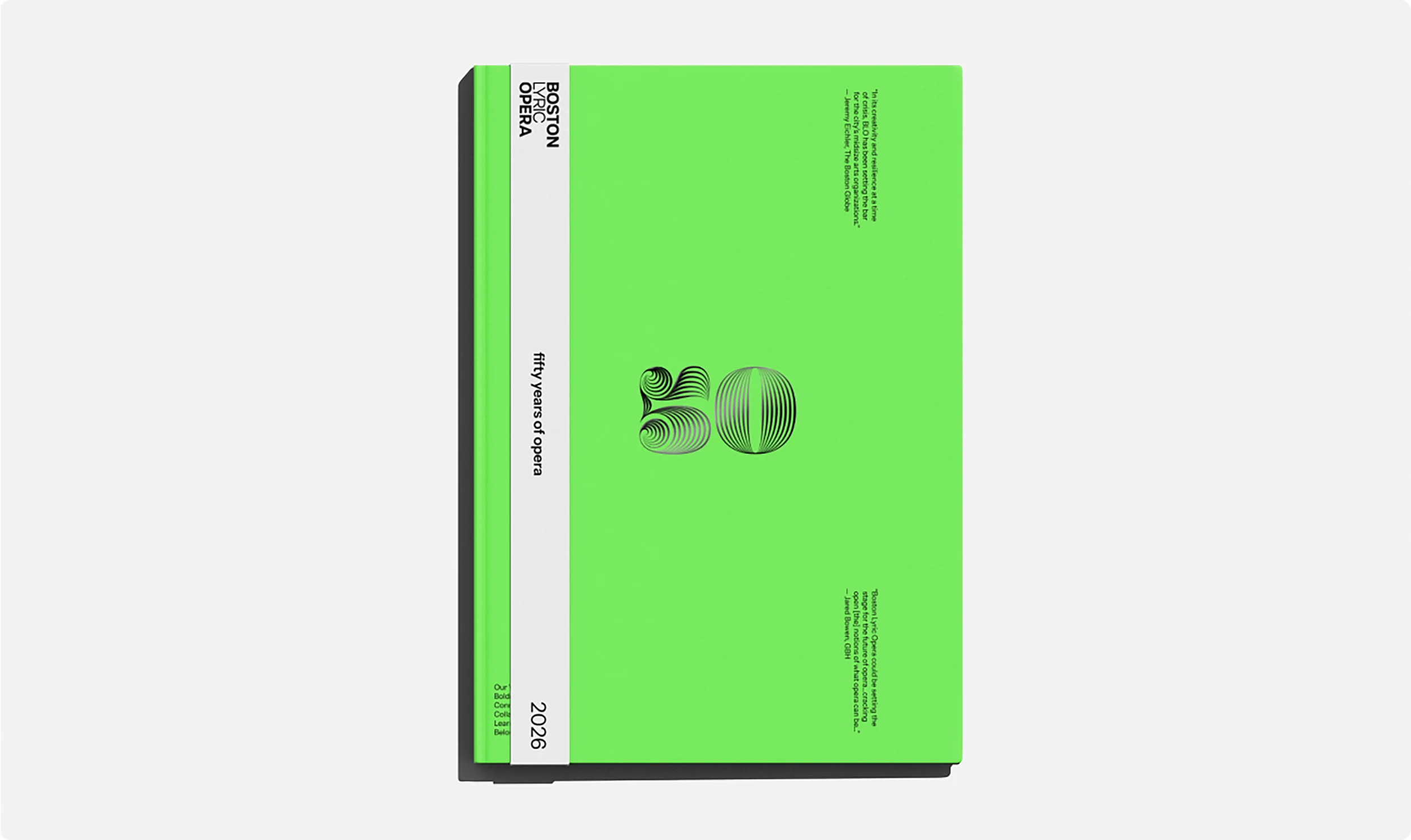 Commorative book cover for Boston Lyric Opera. Neon Green.