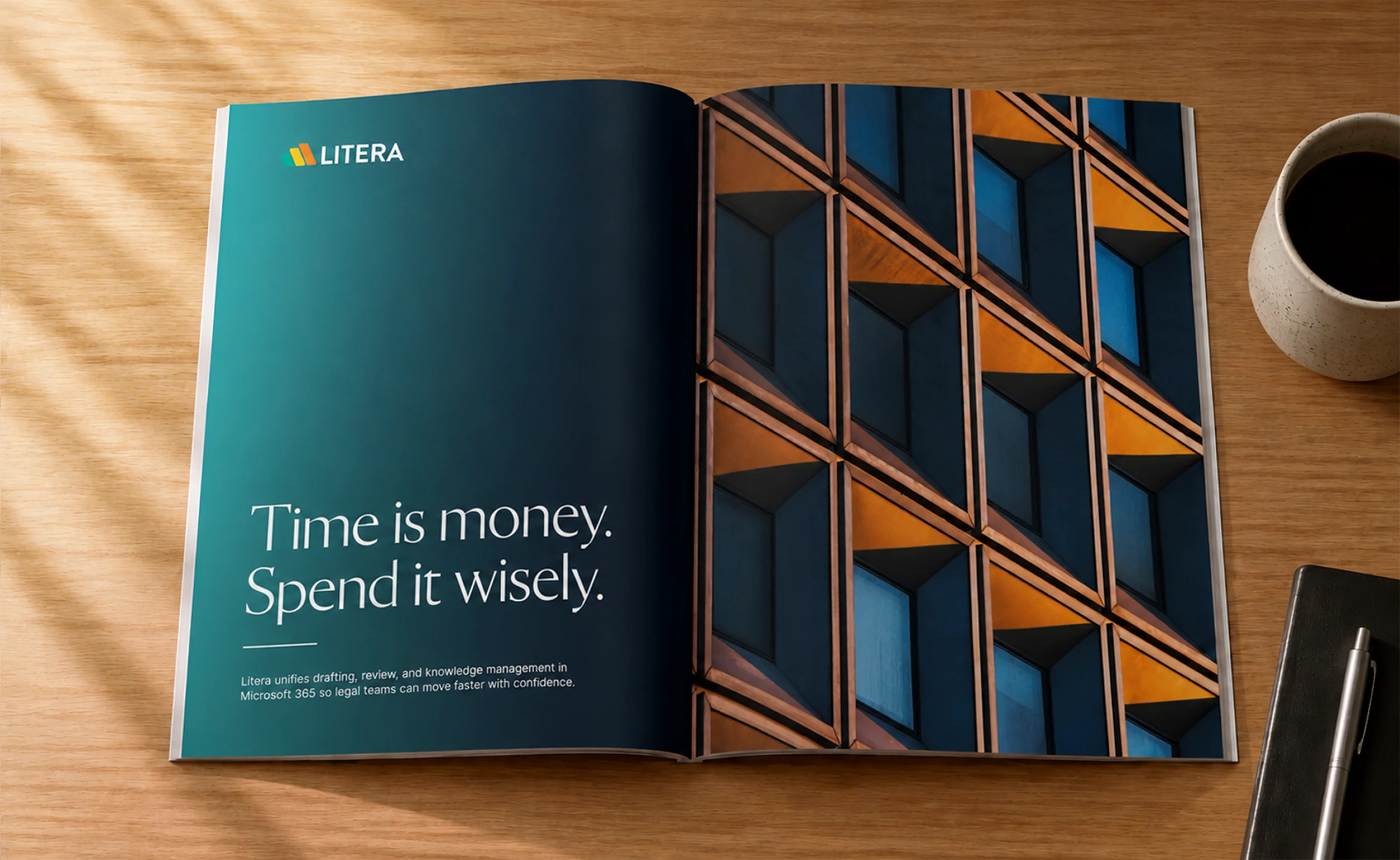 Full Magazine spread that reads "Time is money. Spend it Wisely." A part of the new brand identity for SaaS, B2B, tech, AI brand Litera designed by Colossus.