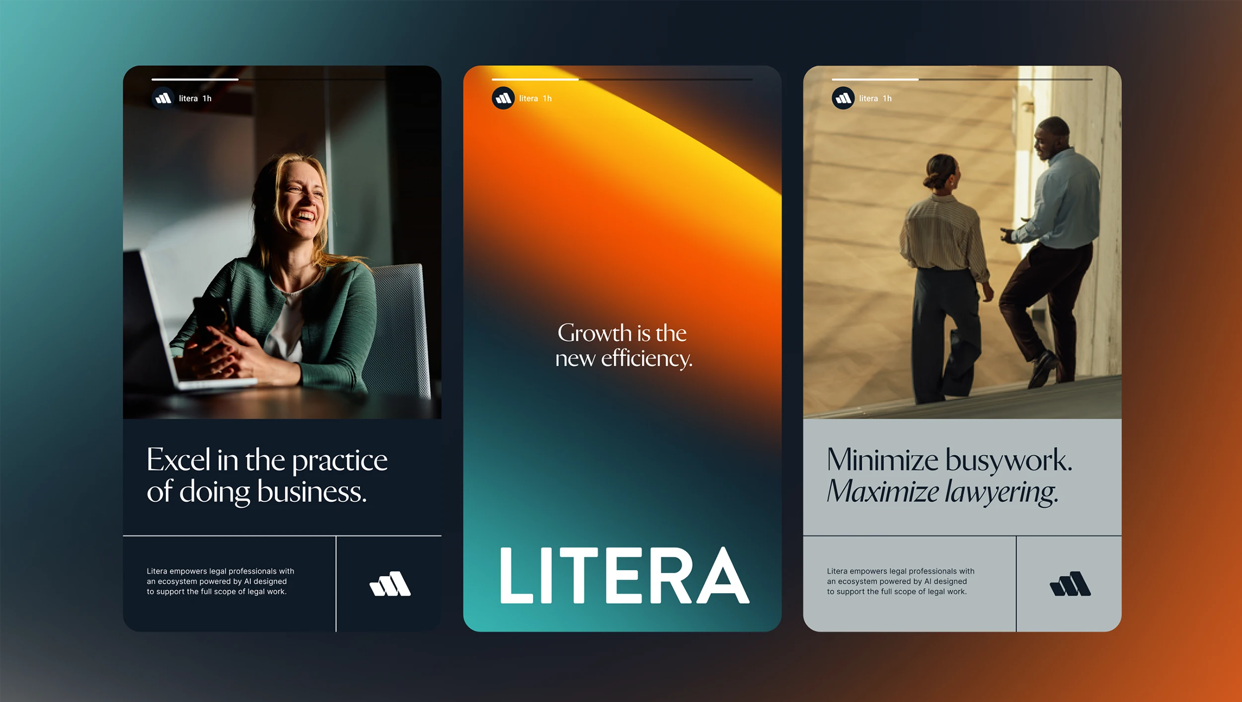 Social media templates and paid social designs. A part of the new brand identity for SaaS, B2B, tech, AI brand Litera designed by Colossus.