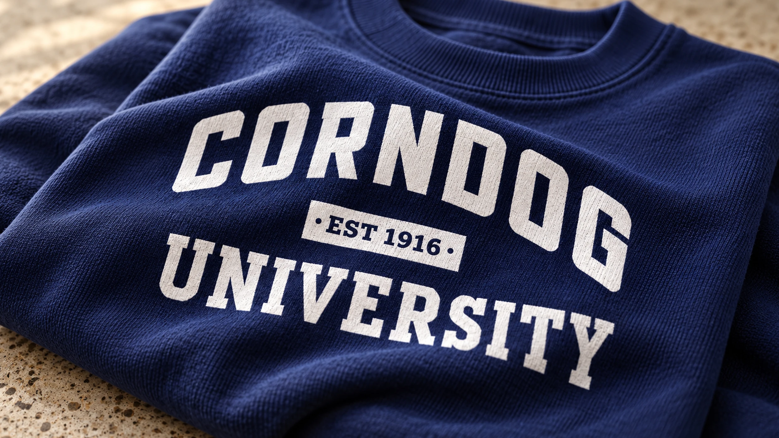 Sweater that reads CORNDOG UNIVERSITY. Merch design for The Big E from Colossus. 