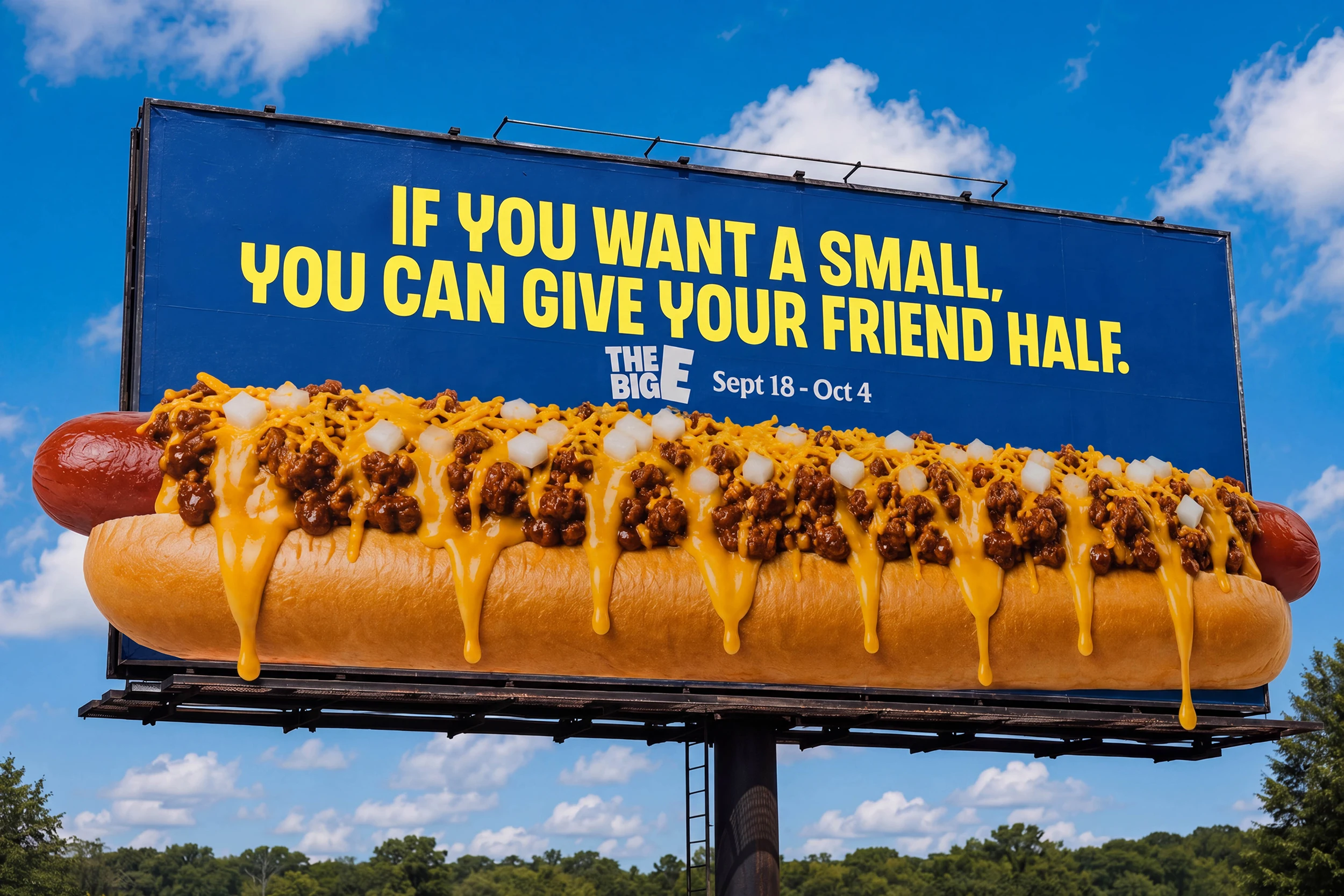 Billboard showing an oversized chili cheese dog for The Big E. 