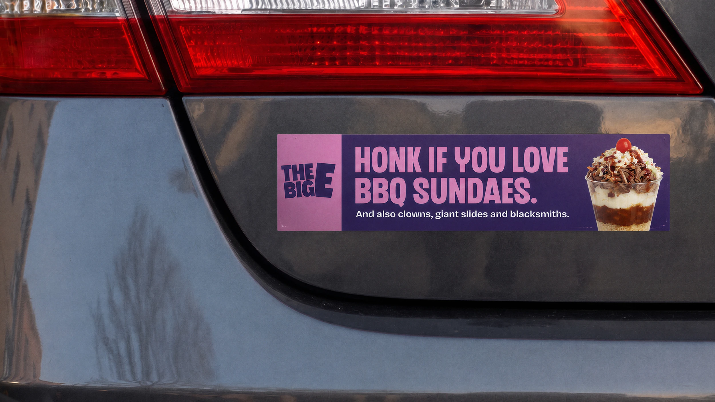 Big E bumper sticker that reads "honk if you love bbq sundaes." 