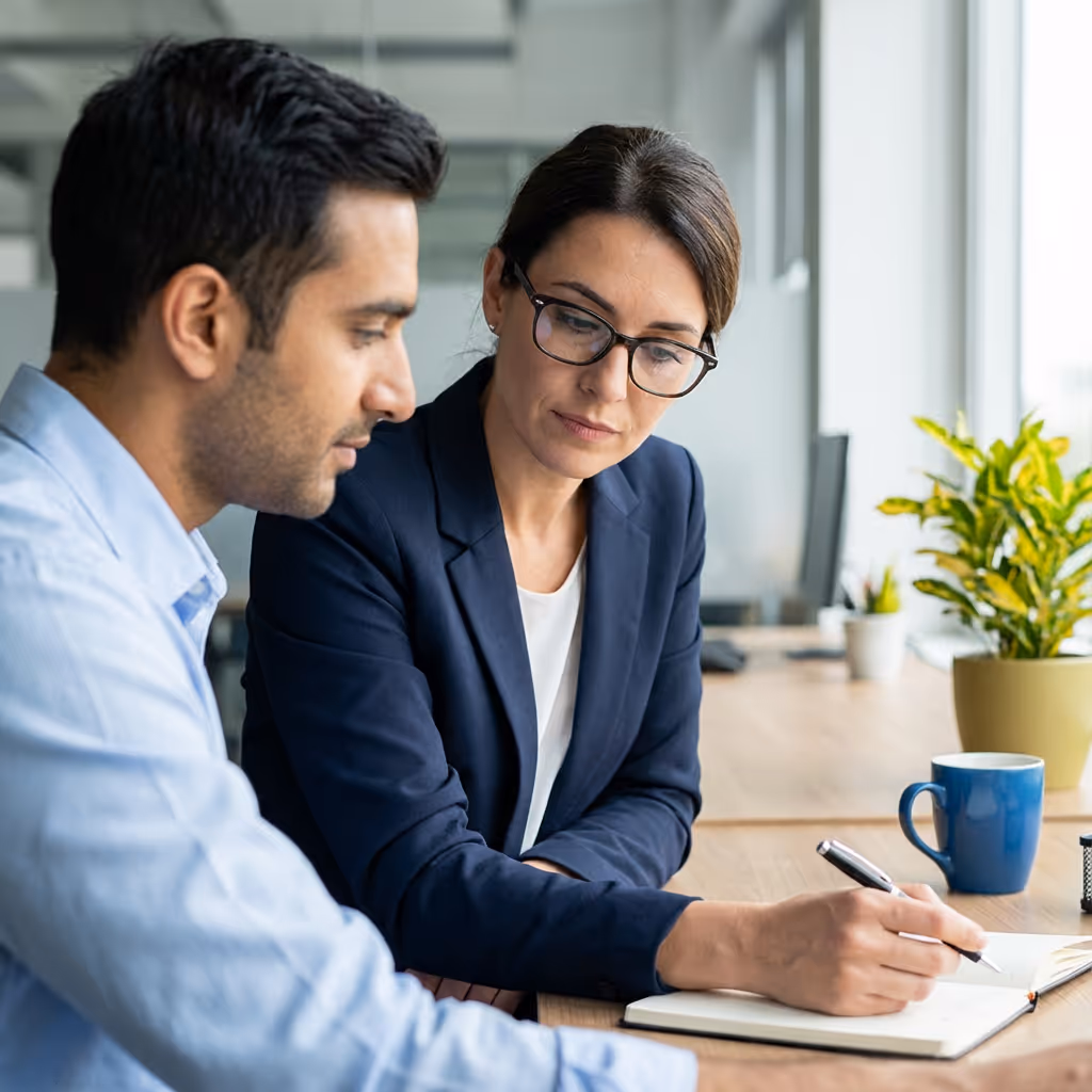 Zwei professionelle Personen besprechen etwas, während eine Frau Notizen in einem Notizbuch macht.