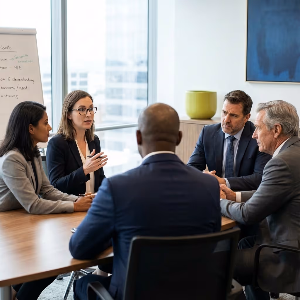 Fünf Geschäftsleute in formeller Kleidung führen eine Besprechung in einem modernen Büro mit Fensterblick.