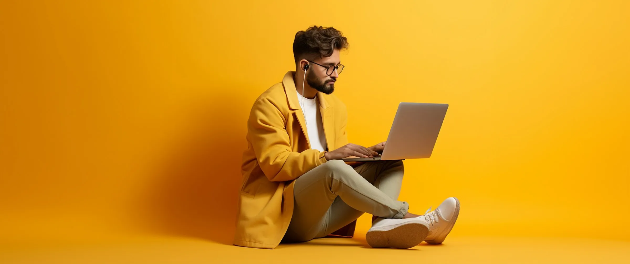 Young man sitting cross-legged on the floor against a vibrant yellow background, wearing a yellow coat and using a laptop with earphones in.