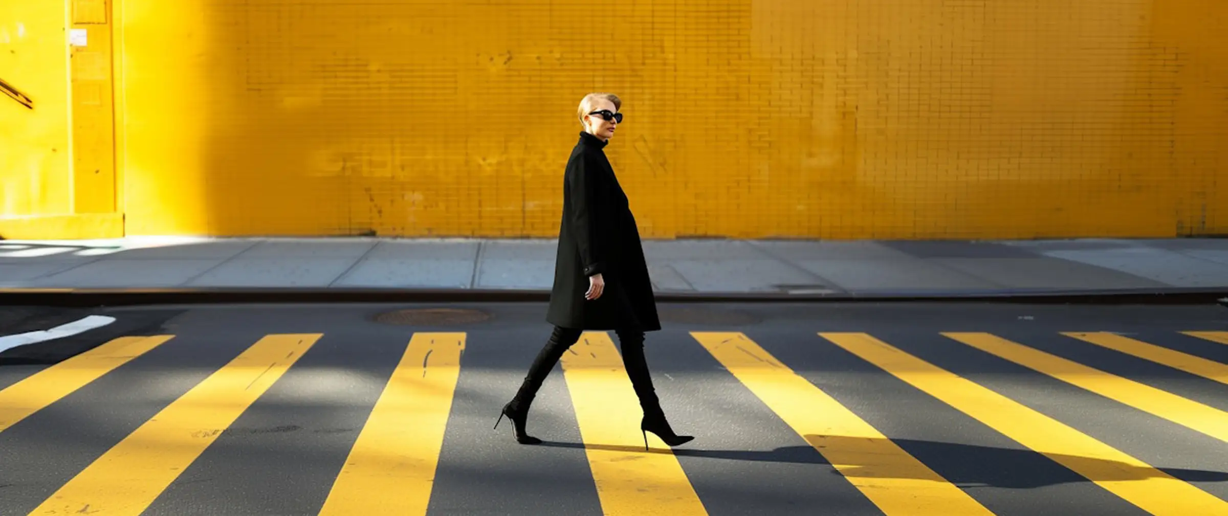 Stylish woman in black coat and heels walking confidently across a yellow-striped crosswalk in front of a bright yellow brick wall, wearing sunglasses.