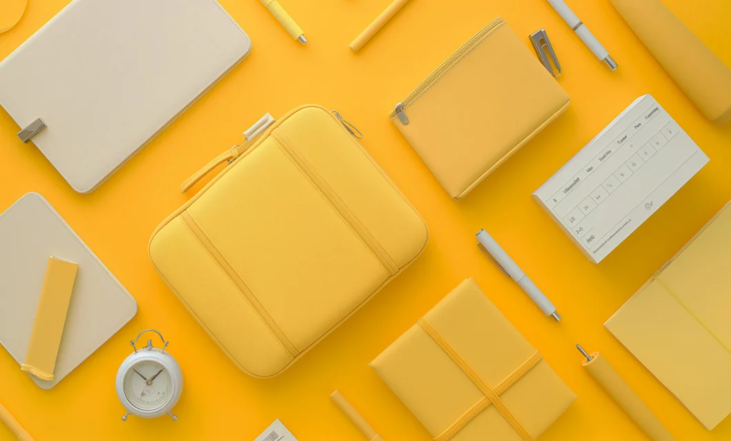 Flat lay of yellow and beige stationery items on a vibrant yellow background.