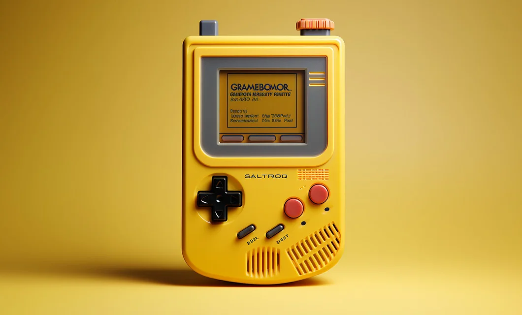 Yellow retro-style handheld gaming console with red buttons on a matching yellow background.