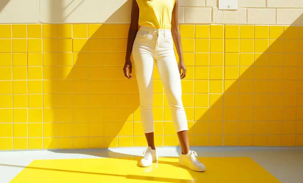 Fashionable woman wearing a yellow top and white jeans standing against a yellow tiled wall in bright sunlight.