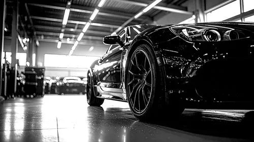 Close-up of a black Porsche Macan in a clean, well-lit shop bay with a focus on the front wheel and headlight