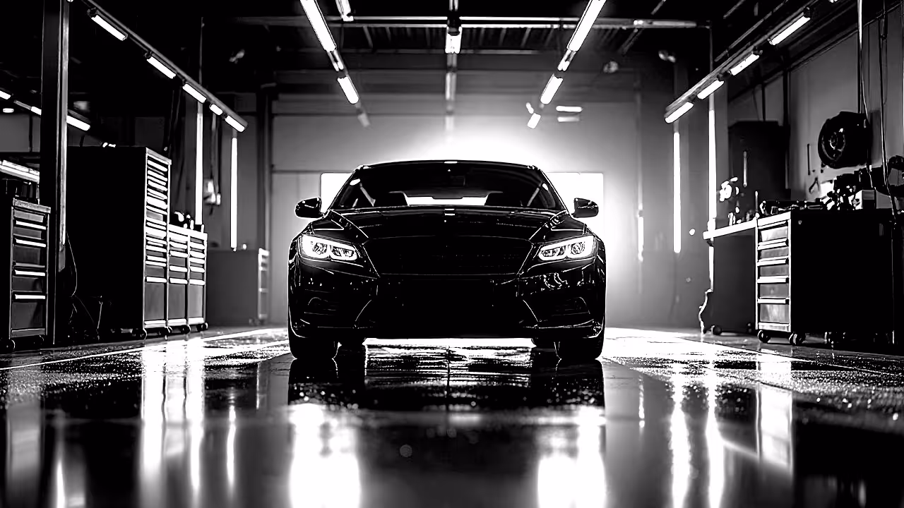 Front view of a BMW sedan in a clean service bay under spotlight lighting at Cooper’s Garage