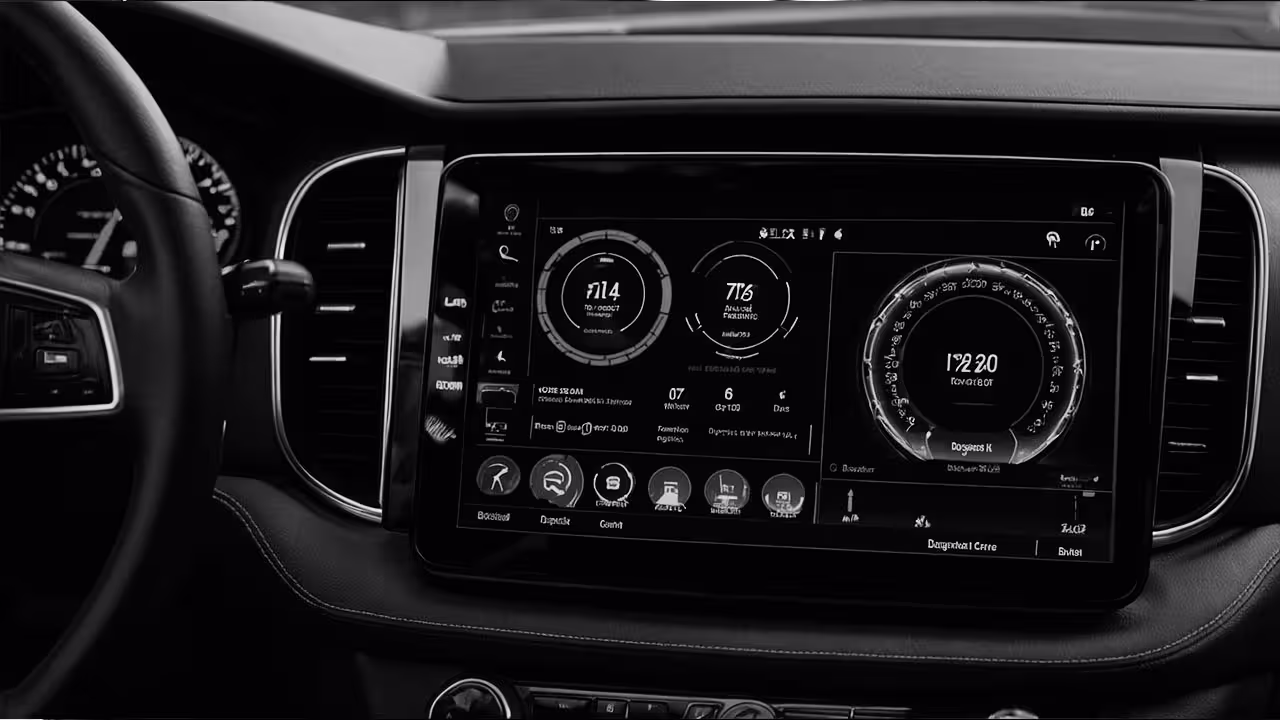 Digital infotainment screen displaying service interval reset and programming menu.