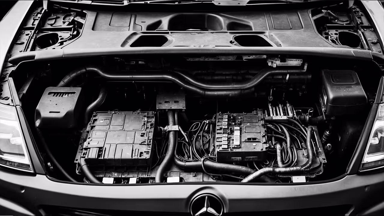 Front SAM fuse module and wiring exposed in Mercedes engine compartment during inspection.