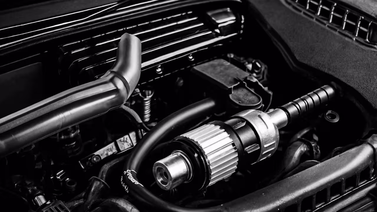 Close-up of temperature sensor installed in the cooling system of a modern engine bay.