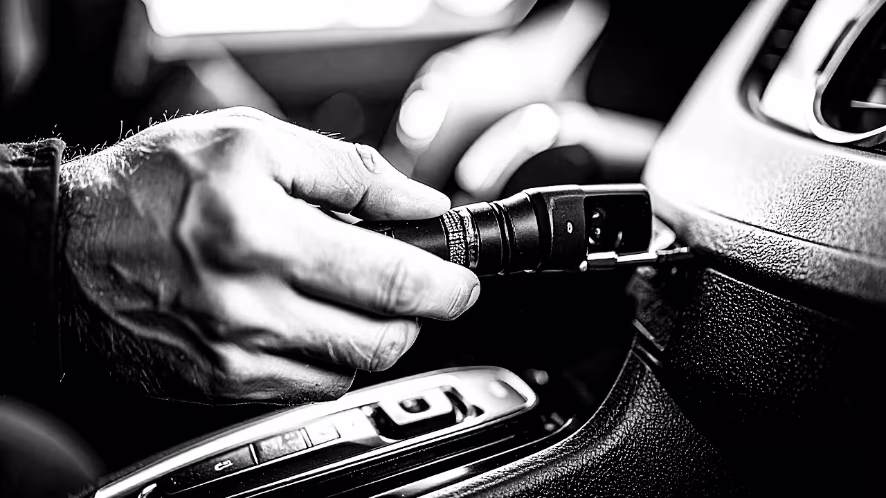 Technician connecting scan tool to OBD port in vehicle interior — Cooper’s Garage drivability testing and evaluation for engine hesitation, rough idle, and throttle response issues in European vehicles.