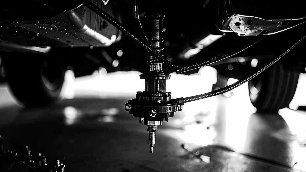 Suspension system with ride height sensor arms during calibration procedure.
