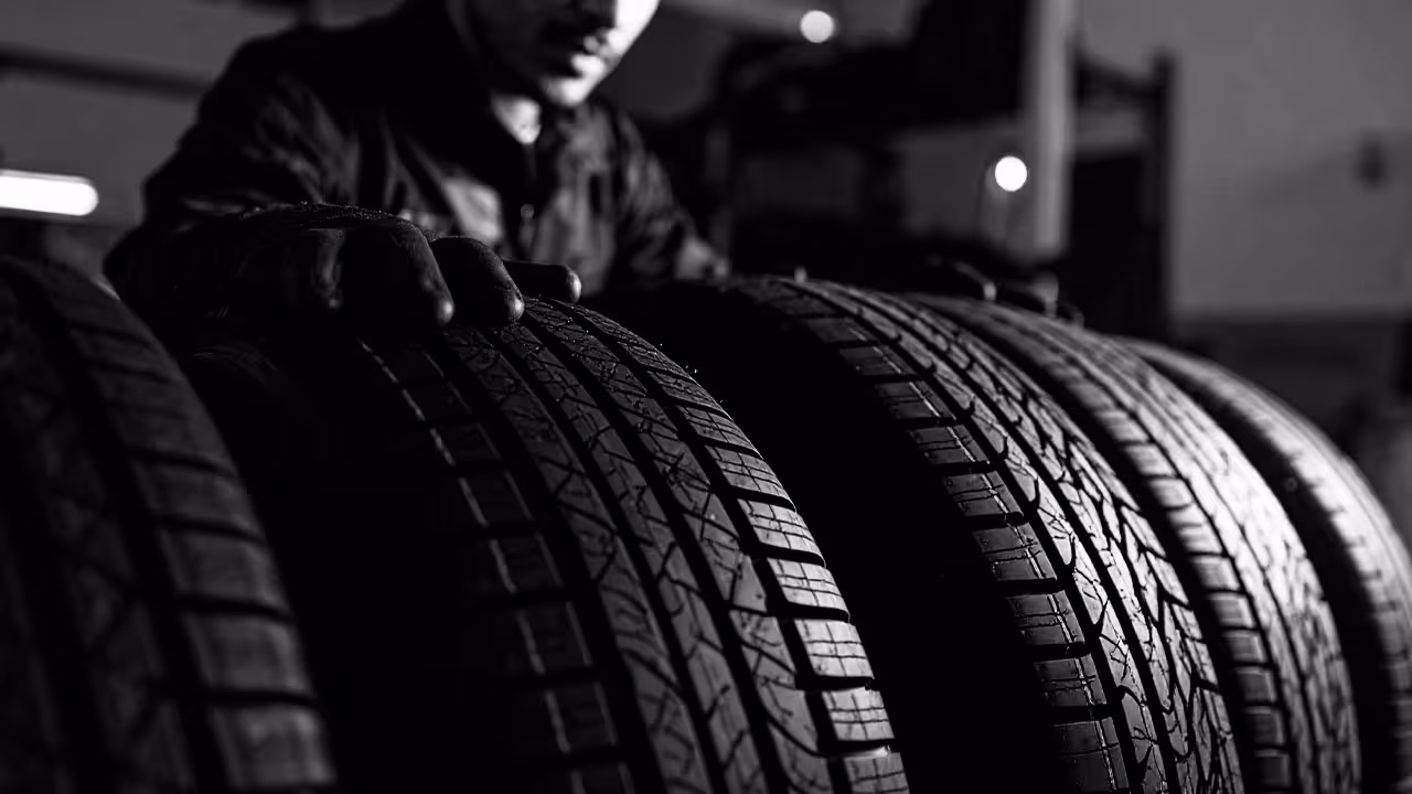 Technician inspecting row of vehicle tires for tread wear, close-up highlighting alignment check during maintenance