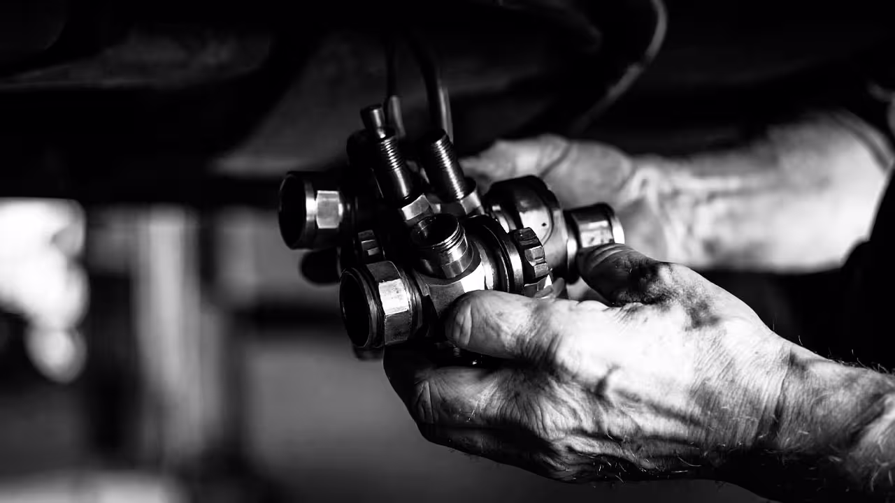 Technician inspecting transmission cooler line fittings — Cooper’s Garage transmission cooling system check for identifying leaks, flow issues, and overheating risks in European vehicles.