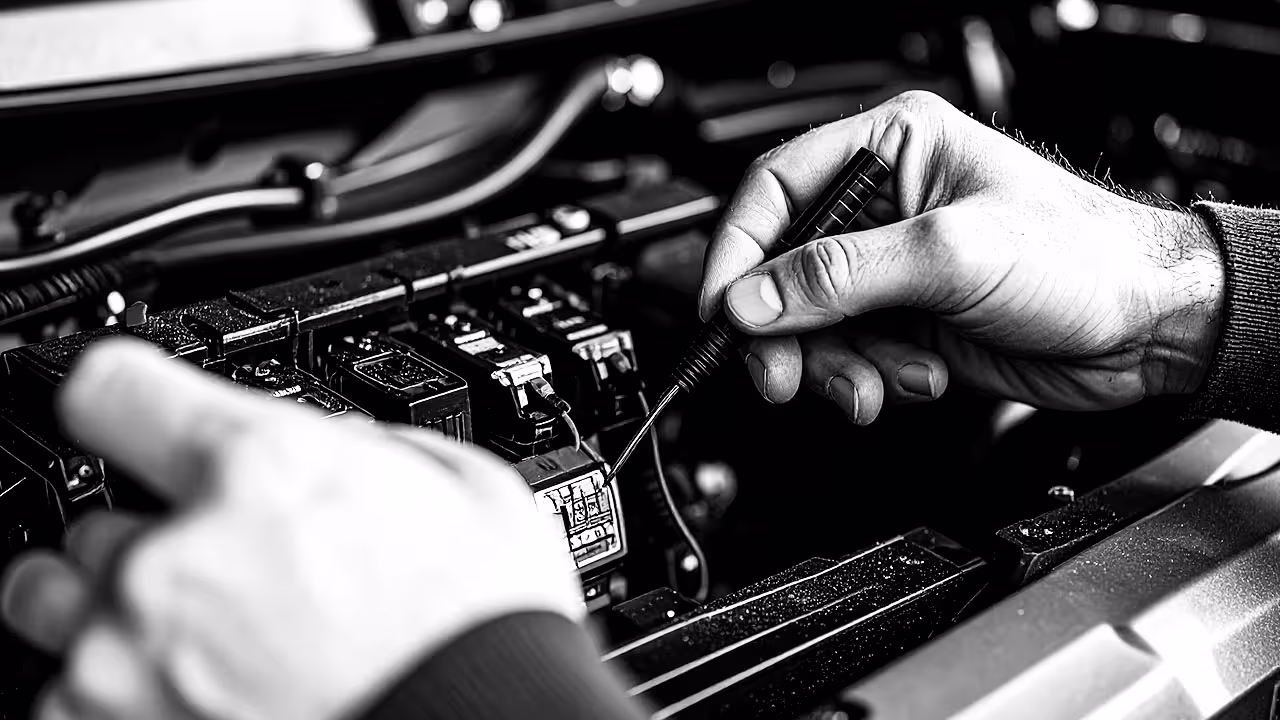 Technician testing vehicle fuse box or relay panel with diagnostic probe during battery and charging system inspection, close-up of hands and electrical components