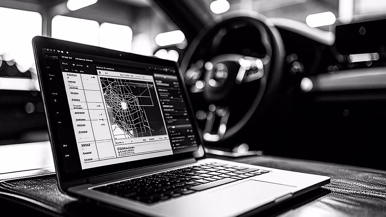 Diagnostic software running on a laptop displaying full-system scan results inside a vehicle.