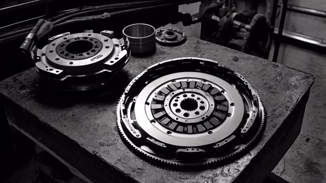 Disassembled clutch and flywheel assembly on workbench during manual transmission service.