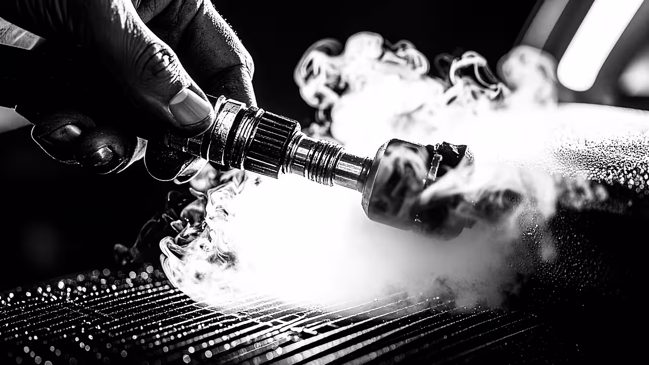 Technician performing EVAP system smoke test to detect vapor leaks — Cooper’s Garage EVAP leak testing for emissions system diagnostics on European vehicles.