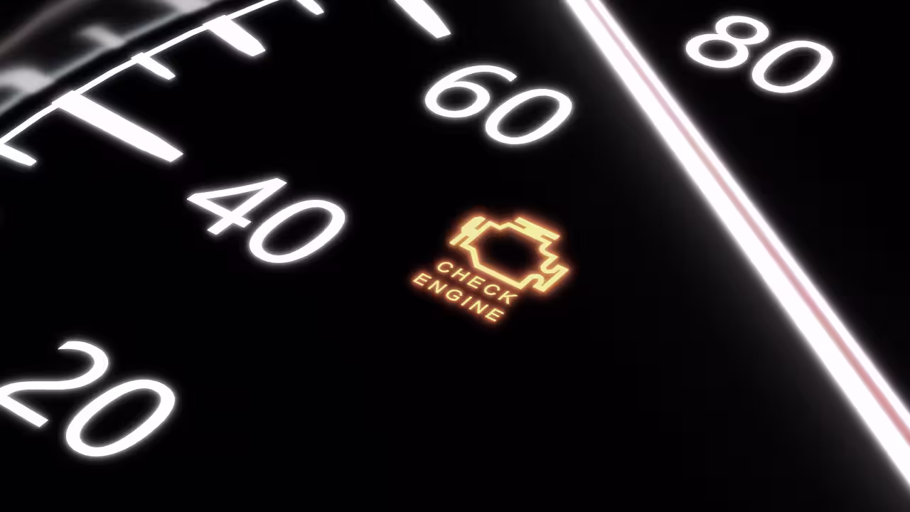 Dashboard close-up showing illuminated check engine light and speedometer — Cooper’s Garage diagnostic services for engine warning lights and drivability issues.