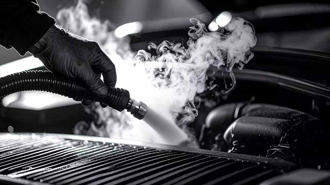 Technician performing vacuum leak test with smoke machine under the hood — Cooper’s Garage vacuum leak diagnostics to detect unmetered air, boost loss, and idle issues in European engines.