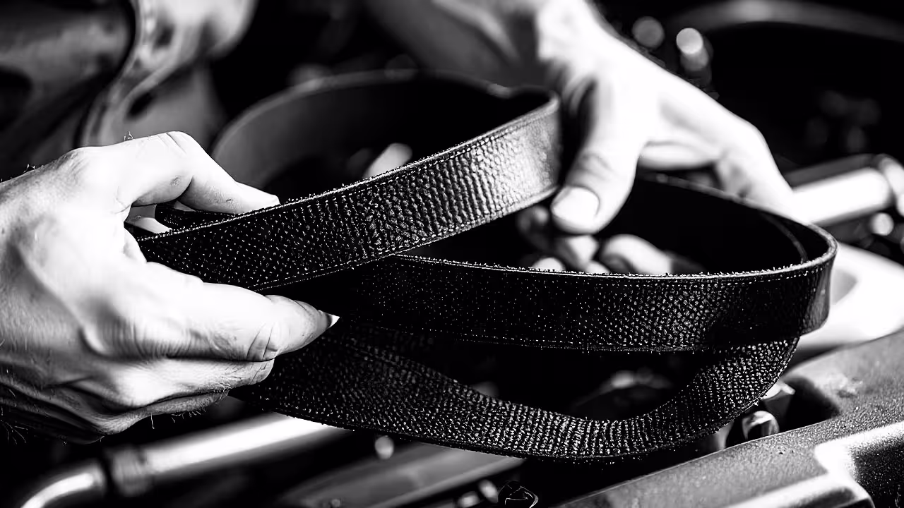 Technician inspecting worn serpentine belts under the hood — Cooper’s Garage drive belt inspection for cracking, glazing, and preventative maintenance on European vehicles.