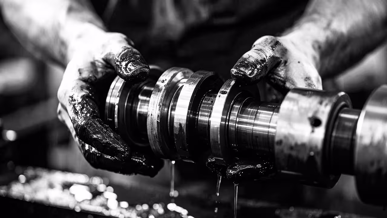 Technician handling oil-covered axle shaft or camshaft during seal replacement, close-up of hands and dripping fluid in black and white