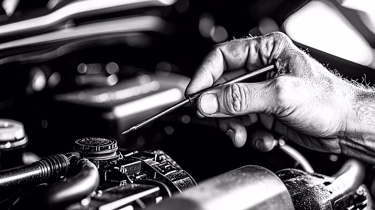 Technician checking power steering fluid level with dipstick — Cooper’s Garage power steering fluid check to ensure proper hydraulic pressure and prevent steering noise or stiffness in European vehicles.