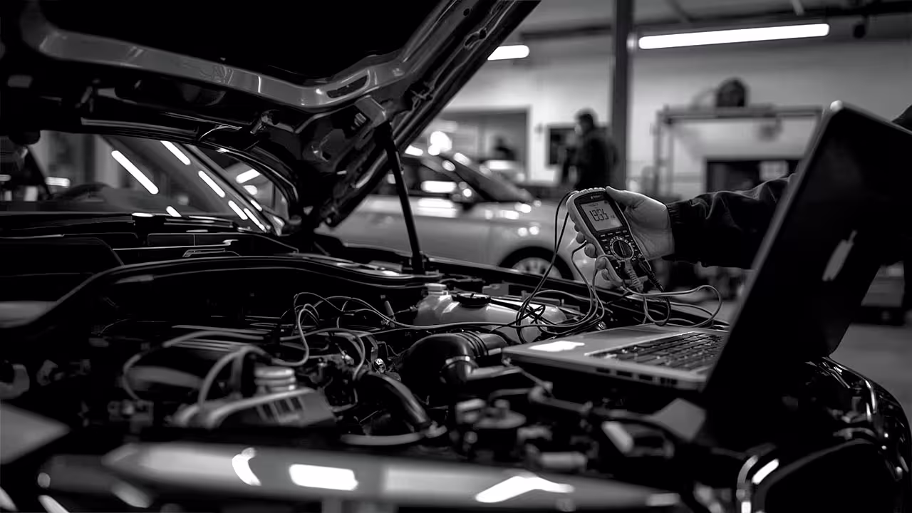 Technician diagnosing an electrical fault in a European vehicle at Cooper’s Garage, using advanced diagnostic tools under the hood.